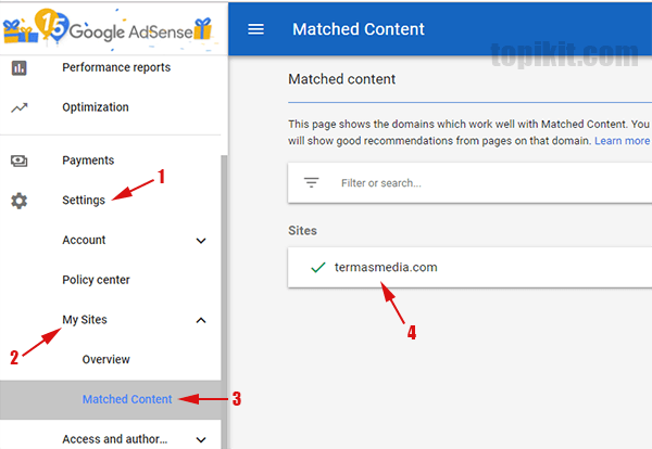 Mengaktifkan menonaktifkan iklan AdSense di Matched Content