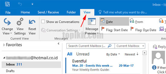 Menonaktifkan menyembuyikan reading pane area baca email Microsoft Outlook