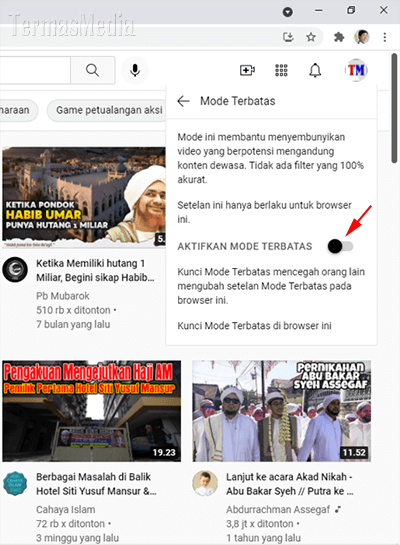 Mematikan Menonaktifkan restricted mode YouTube