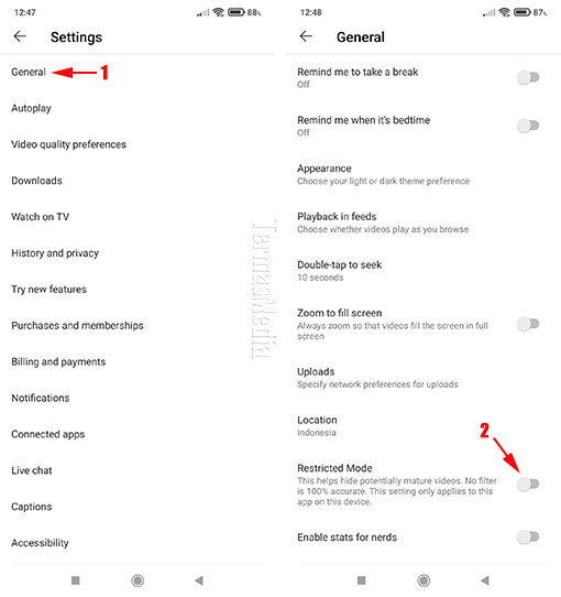 Mematikan Menonaktifkan restricted mode YouTube